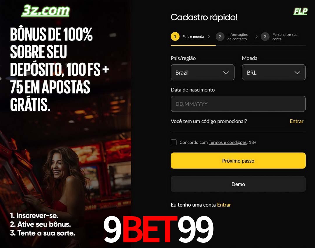 9bet99 registro oficial cassino online Brasil com bônus de depósito e free spins